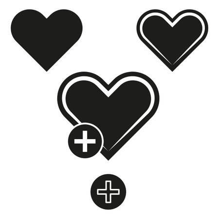 Heart and plus icons. Medical vector symbols. Black and white design. Healthcare love signs.のイラスト素材