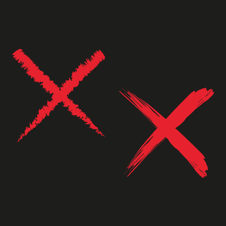 Red cross icons. Grunge brush strokes. Black background vector. Bold error marks.のイラスト素材
