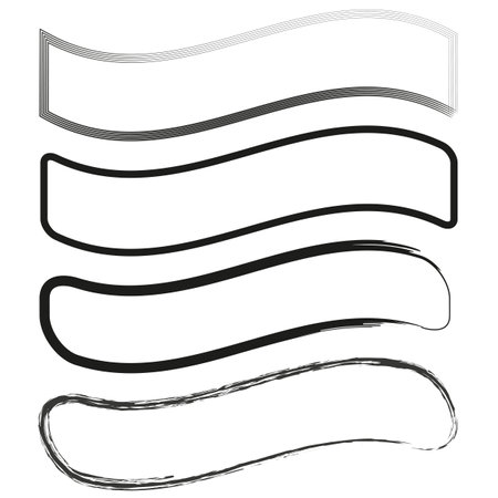 Abstract banner shapes. Curved vector lines. Black and white. Hand-drawn effect.のイラスト素材