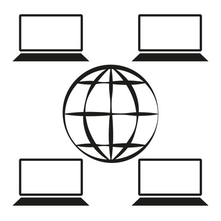 Global network icon. Laptop connection vector. Black and white design. Internet communication symbol.のイラスト素材