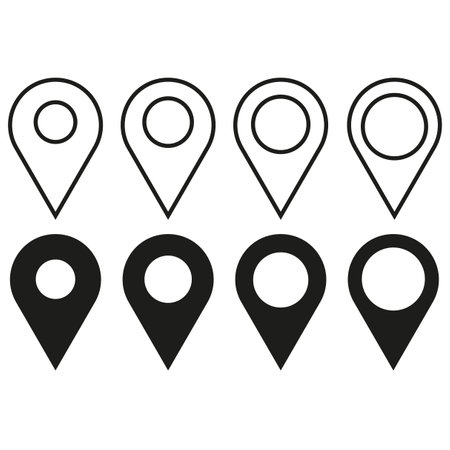 Pin location icons. Outline and solid. Black and white. Vector symbols.のイラスト素材