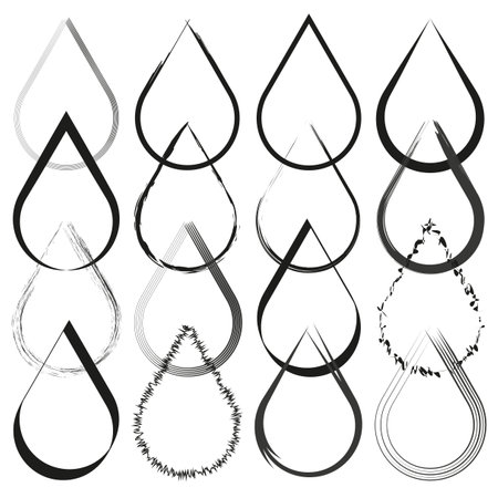 decorative drop icons. Sixteen different teardrop designs. Abstract black and white vector.のイラスト素材