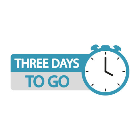 Countdown timer illustration. Three days to go text. Clock and time focus. Bold blue design.のイラスト素材