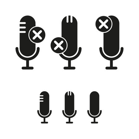 Muted microphone icon. Audio silence symbol. Mic off vector. Black mic outline.のイラスト素材