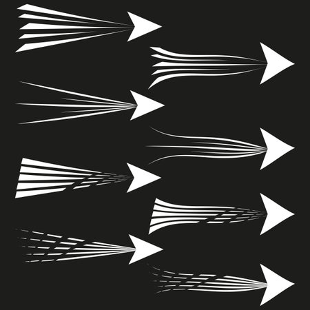 Dynamic white arrows with motion lines on a black background. Speed and direction concept for graphic design. Ideal for modern projects.のイラスト素材