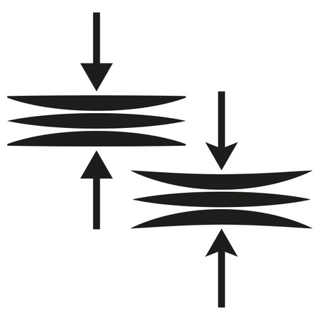 Compression arrow icon. Mechanical pressure symbol. Opposite force vector. Black shape diagram.のイラスト素材