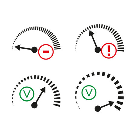 Speedometer icon set. Red and green marks. Vector gauge symbols. Measurement icons.のイラスト素材