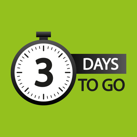 3 days to go. Countdown number three. Green background timer. Vector stopwatch icon.