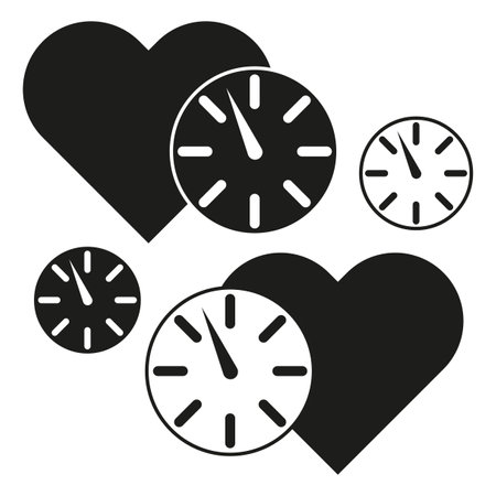 Clock and heart shapes. Love and time concept. Black and white icons. Vector illustration.のイラスト素材