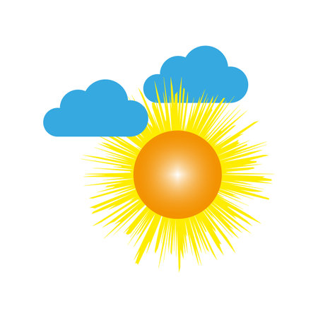 Sun with clouds. Bright vector illustration. Yellow and blue colors. Sunny weather icon.のイラスト素材