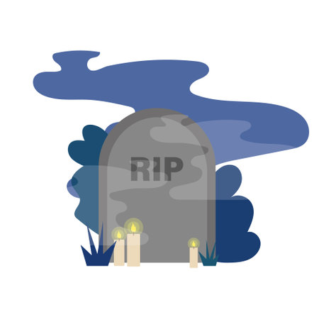 RIP tombstone icon. Gray grave with candles. Cemetery scene illustration. Vector image.のイラスト素材