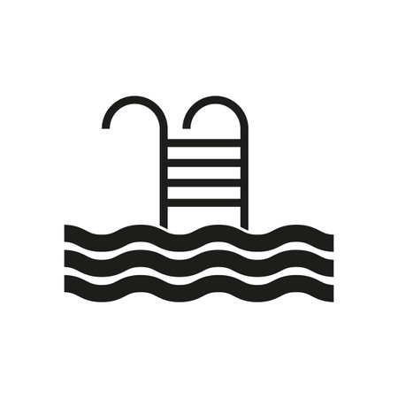 Swimming pool icon. Water waves symbol. Ladder entry design. Black vector illustration.のイラスト素材
