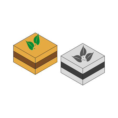 Sweet layered cake. Organic bakery treat. Chocolate sponge layers. Natural green leaf.のイラスト素材