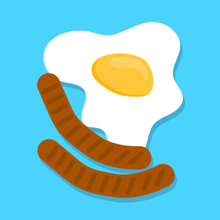Fried egg icon. Breakfast sausage symbol. Tasty meal illustration. Vector food image.のイラスト素材