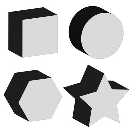 Three dimensional shapes. Geometric 3D objects. Abstract cube and star. Modern vector design.のイラスト素材