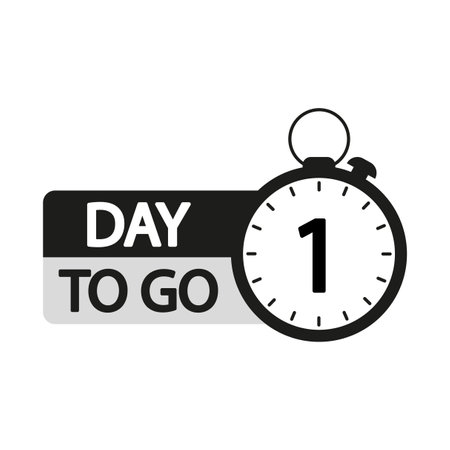 Countdown timer illustration. Number one focus. One day to go text. Black and white clock label.のイラスト素材