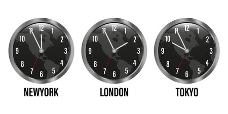 World time clock. City names display. Black round shape. Global hour indicator.のイラスト素材