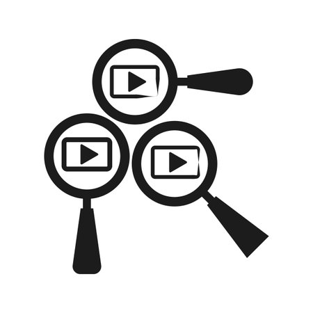 Magnifying glass icons. Video search symbols. Play button graphic. Vector illustration.のイラスト素材