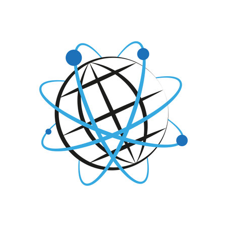 Global orbit icon. Abstract world vector. Geometric sphere shape. Blue and black contrast.のイラスト素材