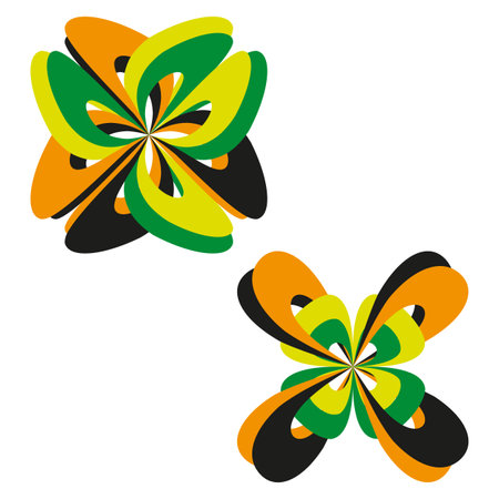 Floral twist shape. Orange green petals. Abstract flower vector. Black color accent.のイラスト素材