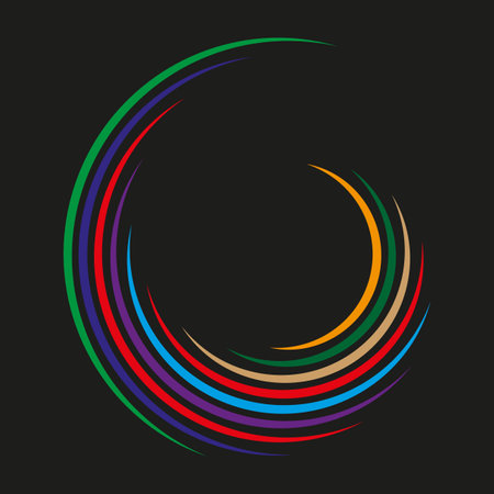 Rainbow arc curve. Color stripe motion. Dynamic circular shape. Vector black background.のイラスト素材