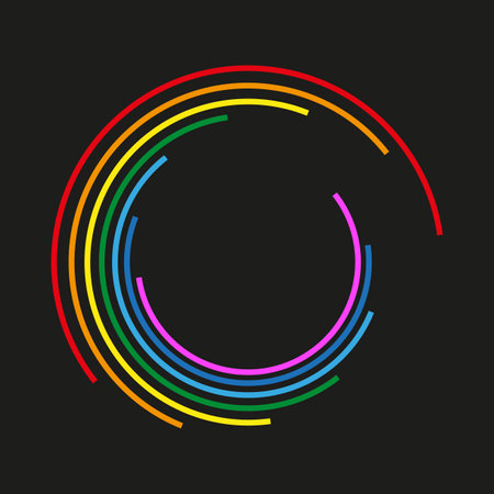 Circular rainbow arcs. Colored curve lines. Abstract ring vector. Black background contrast.のイラスト素材