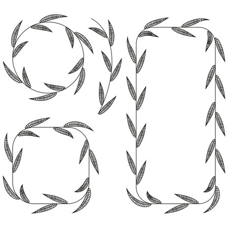 Leafy frame elements. Botanical line wreaths. Natural border design. Vector plant outline.のイラスト素材