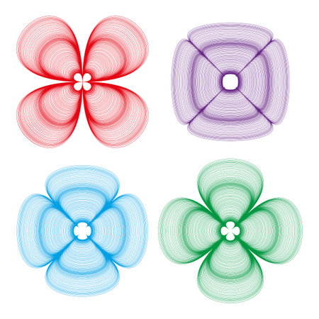 Colorful flower icon. Red blue green violet. Symmetrical floral shapes. Vector ornament design.のイラスト素材