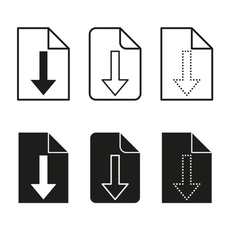 Download file icon. Arrow paper element. Outline filled variants. Vector document symbol.のイラスト素材