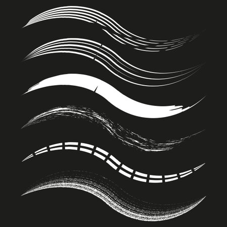 White wave strokes. Dynamic brush curves. Abstract motion Vector. Black backdrop.のイラスト素材