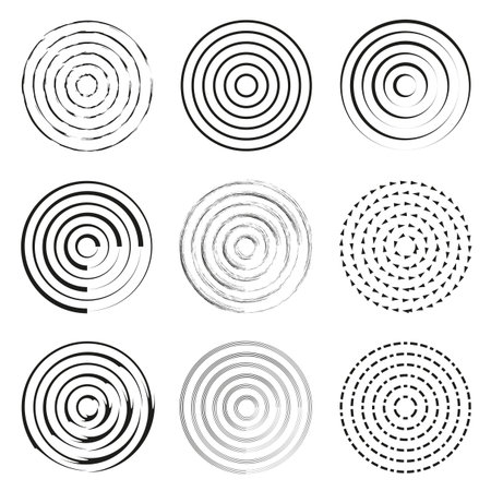 Spiral circle set. Concentric ring shapes. Modern Vector elements. Dynamic abstract patterns.のイラスト素材