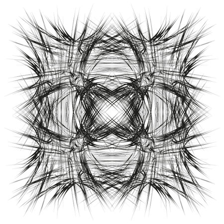 Spiky fractal shape. Crossed line lattice. Energetic abstract Vector. Black white artwork.のイラスト素材