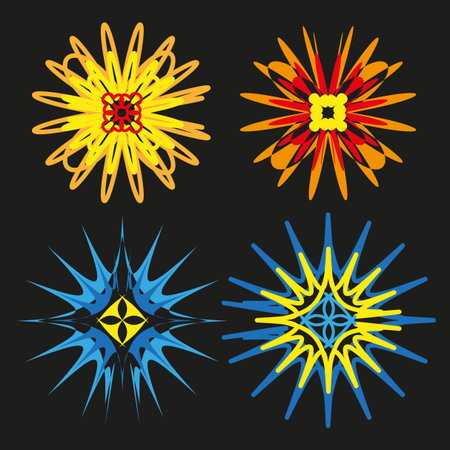 Vibrant starburst symbol. Abstract sun illustration. Explosive vector graphic. Colorful cosmic emblem. EPS 10.のイラスト素材