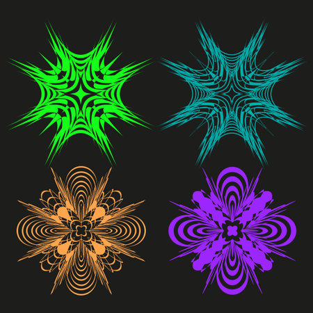 Abstract starburst symbols. Geometric floral elements. Vector line illustrations. Vibrant glowing designs. EPS 10.のイラスト素材