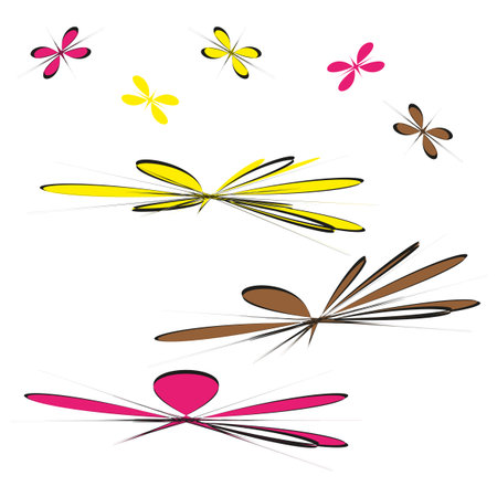 Abstract butterfly objects. Colorful insect shapes. Red yellow accent. Vector nature elements. EPS 10.のイラスト素材