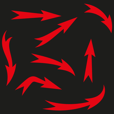 Red arrows pattern. Multiple curve movement. Dynamic Vector design. Direction change symbol. EPS 10.のイラスト素材