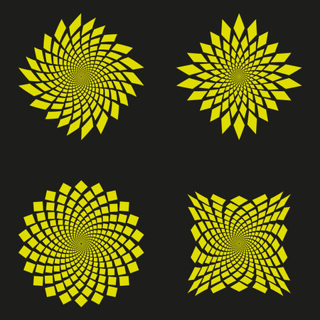 Yellow spiral patterns. Abstract rotating forms. Dynamic sun burst. Vector geometric illustration.のイラスト素材