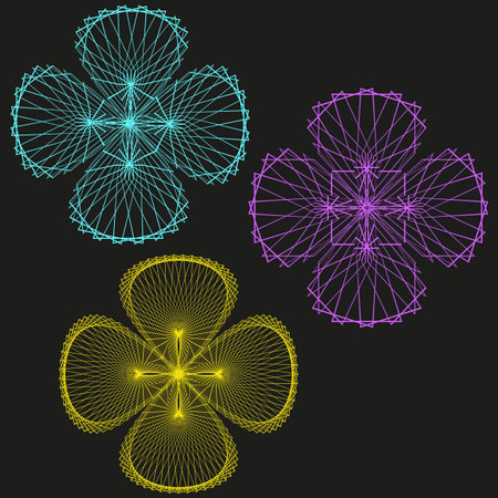 Abstract flower patterns. Glowing line elements. Colorful Vector geometry. Symmetry blossom shapes.のイラスト素材