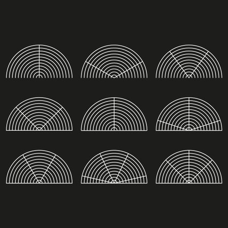 Radial grid pattern. Half circle shape. White outline Vector. Dark background element. EPS 10.のイラスト素材