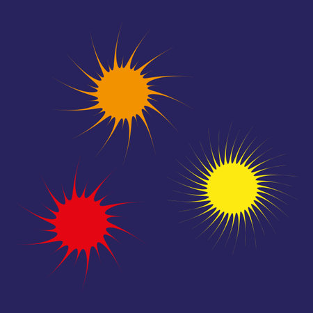 Sun burst elements. Sharp spike shapes. Yellow red Vector set. Dark blue background. EPS 10.のイラスト素材