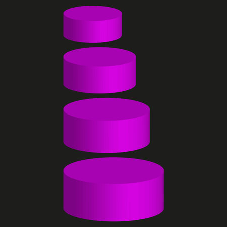 Purple cylinder stack. 3D tower vector. Geometric chart form. Abstract pillar art. EPS 10.