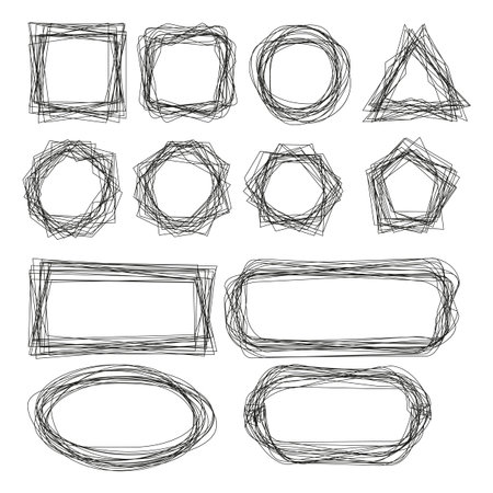 Hand drawn frames. Messy ink borders. Sketchy geometric shapes. Vector outline collection. EPS 10.のイラスト素材