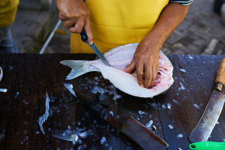 Male hands ripping fish. When processing fish, it is necessary to pull the guts out of the fish....