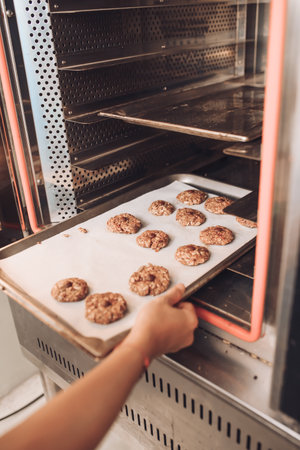 Woman taking baking tray with delicious oatmeal cookies out of ovenの写真素材