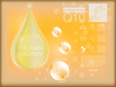 Collagen on abstract background, supreme collagen oil drop, cosmetics solution, vector illustration. Coenzyme Q10. Cosmetic ads template.のイラスト素材