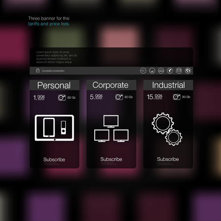 Three banner for the clouded sky service. Price list, hosting plans and web boxes banners design. Tariffs and price lists. Web elements. Plan hosting. Vector design for web app.のイラスト素材