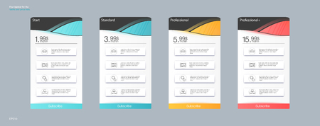 Four banner for the clouded sky service. Price list, hosting plans and web boxes banners design. Four banner for the tariffs and price lists. Web elements. Plan hosting. Vector design for web app. のイラスト素材