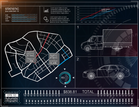 Cargo transportation infographics, template application for the delivery of goods. Cargo delivery map. Futuristic information display. Easy color change. The elements that have been clipped.のイラスト素材