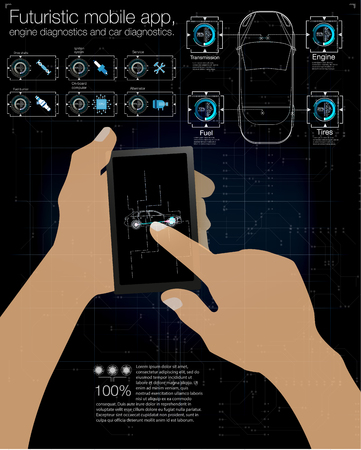 Futuristic Mobile app, engine diagnostics and car diagnostics. Vector illustration.のイラスト素材