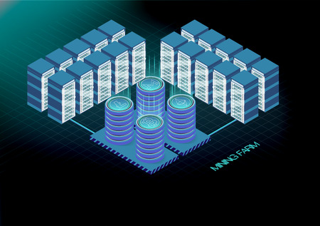Isometric banner with bitcoin mining farm, cryptocurrency mining concept, financial isometric 3d vector. Ethereum Blockchain isometric, server room rack. Crypto currency mining farm server.のイラスト素材